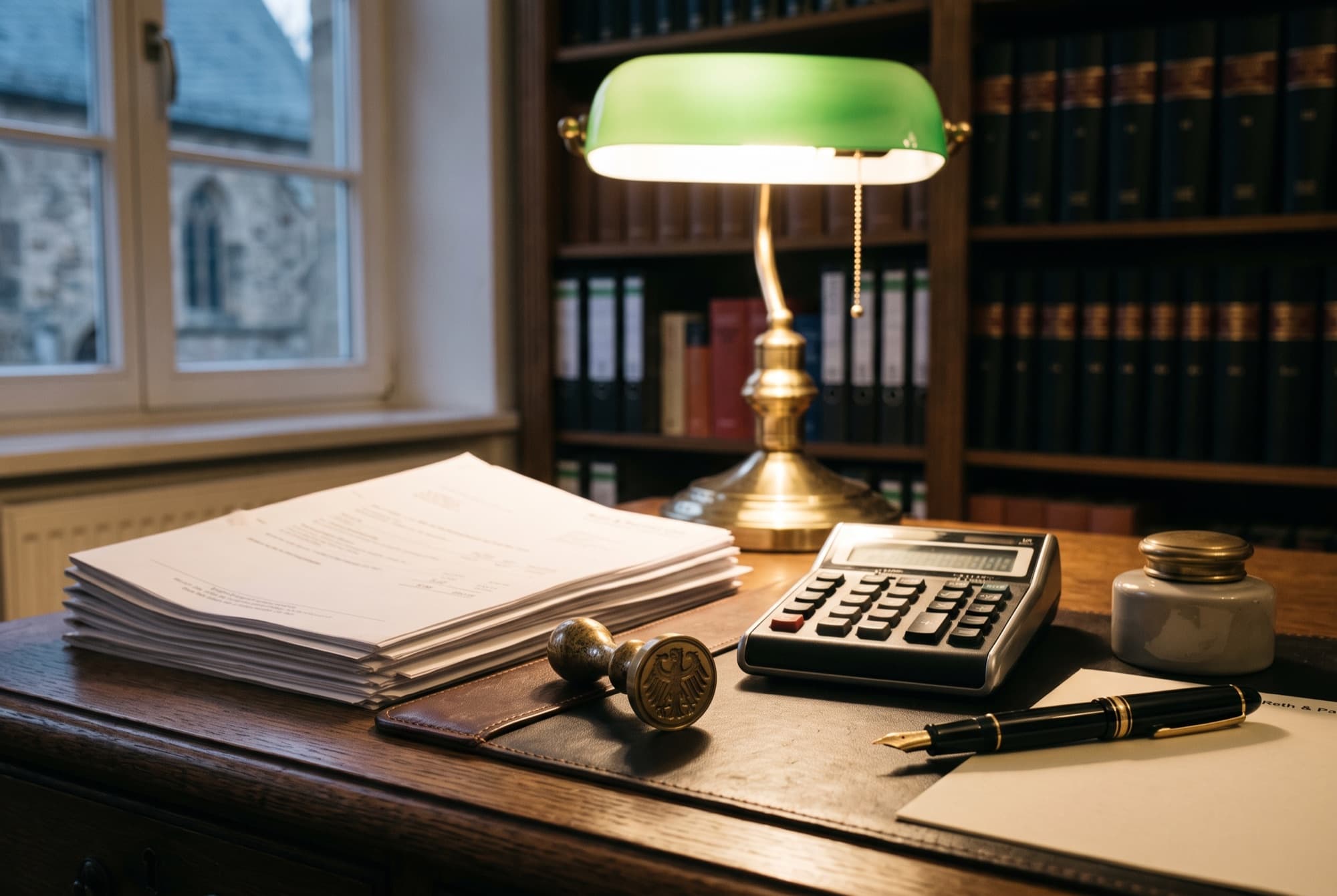 Schreibtisch mit Unterlagen, Siegelstempel und Rechner