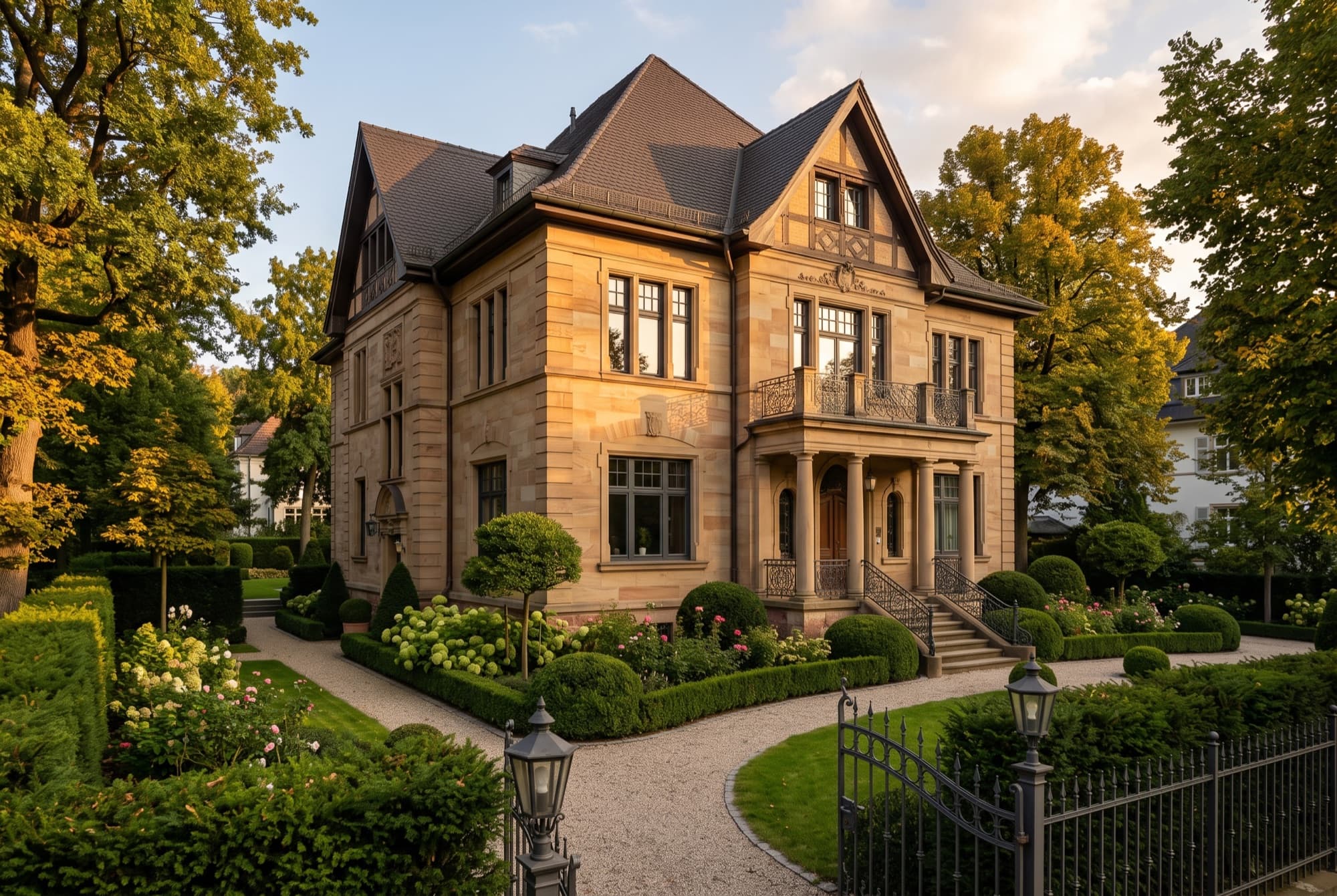 Sandstein-Villa mit gepflegtem Vorgarten in der Abendsonne