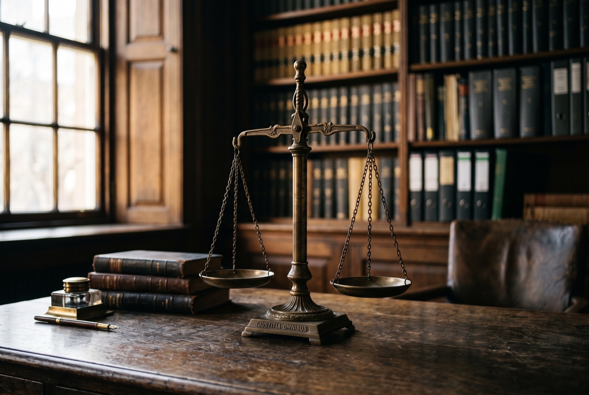 Waage der Justitia auf einem Kanzleischreibtisch